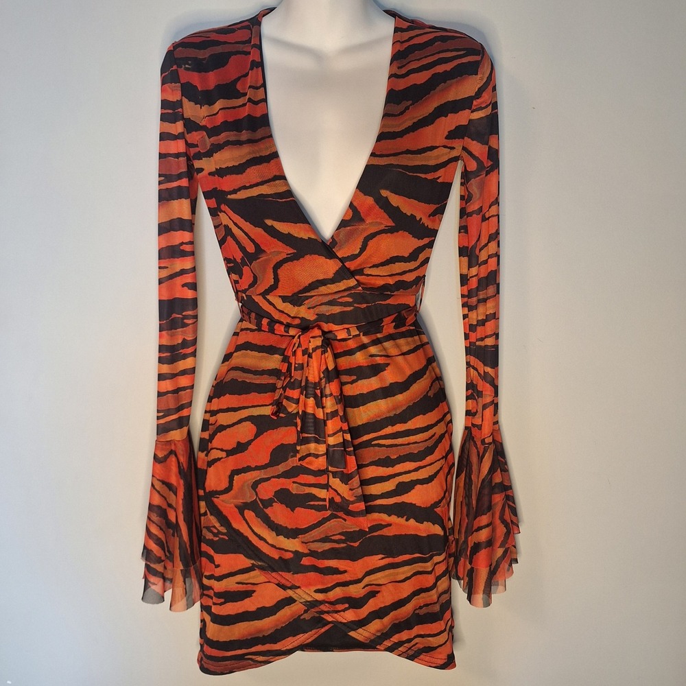 PrettyLittleThing Tiger Print Mesh Mini Dress Bell Sleeve Wrap Orange Black US 4
